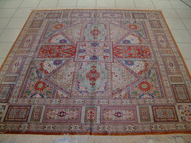 Qom Persian rug; All Persian Rugs are genuine handmade. Also, every Persian Qom rug I offer is made with pure silk only.