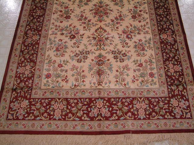 Qom Persian rug; All Persian Rugs are genuine handmade. Also, every Persian Qom rug I offer is made with pure silk only.