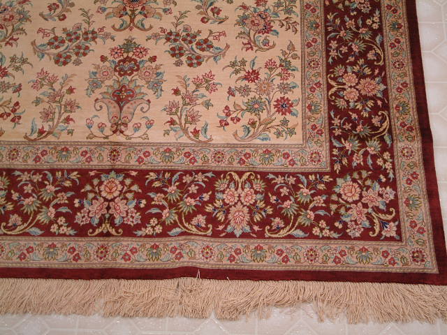 Qom Persian rug; All Persian Rugs are genuine handmade. Also, every Persian Qom rug I offer is made with pure silk only.
