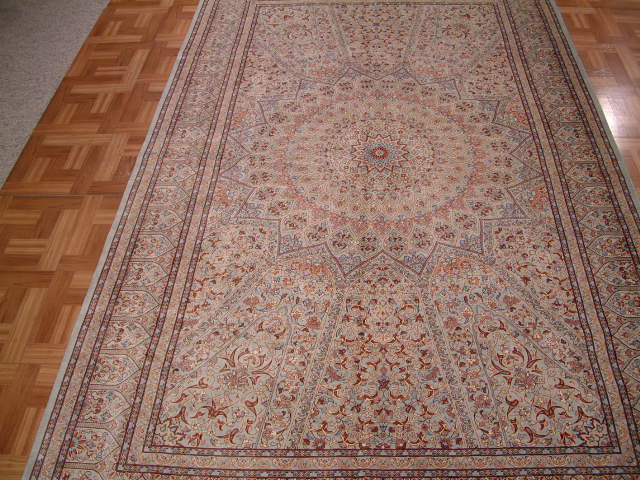Qom Persian rug; All Persian Rugs are genuine handmade. Also, every Persian Qom rug I offer is made with pure silk only.