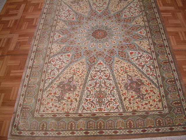 Qom Persian rug; All Persian Rugs are genuine handmade. Also, every Persian Qom rug I offer is made with pure silk only.