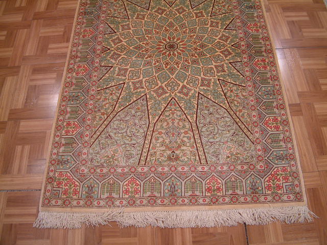 Qom Persian rug; All Persian Rugs are genuine handmade. Also, every Persian Qom rug I offer is made with pure silk only.