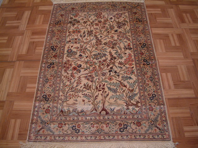 Tree of Life Qom Persian rug; All Tree of Life Persian Rugs are genuine handmade. Also, every Persian Qom rug I offer is made with pure silk only.