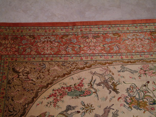 Qom Persian rug; All Persian Rugs are genuine handmade. Also, every Persian Qom rug I offer is made with pure silk only.