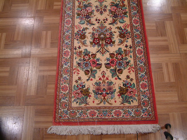 Qom Persian rug; All Persian Rugs are genuine handmade. Also, every Persian Qom rug I offer is made with pure silk only.