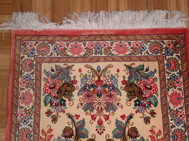 Qom Persian rug; All Persian Rugs are genuine handmade. Also, every Persian Qom rug I offer is made with pure silk only.