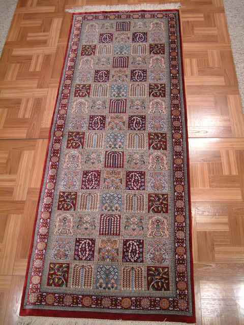 Qom Persian rug; All Persian Rugs are genuine handmade. Also, every Persian Qom rug I offer is made with pure silk only.