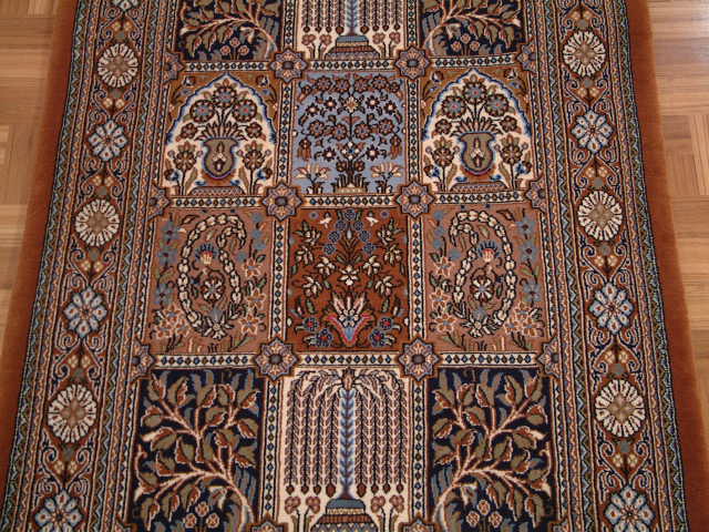 Qom Persian rug; All Persian Rugs are genuine handmade. Also, every Persian Qom rug I offer is made with pure silk only.