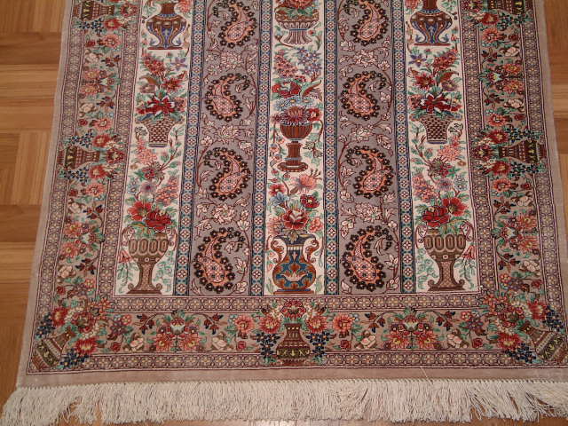 Qom Persian rug; All Persian Rugs are genuine handmade. Also, every Persian Qom rug I offer is made with pure silk only.