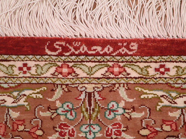 Qom Persian rug; All Persian Rugs are genuine handmade. Also, every Persian Qom rug I offer is made of pure silk only.