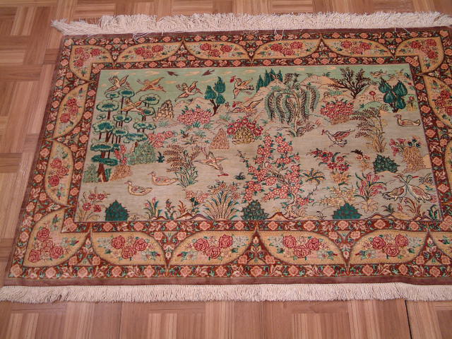 Qom Persian rug; All Persian Rugs are genuine handmade. Also, every Persian Qom rug I offer is made of pure silk only.