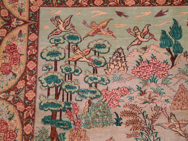 Qom Persian rug; All Persian Rugs are genuine handmade. Also, every Persian Qom rug I offer is made of pure silk only.