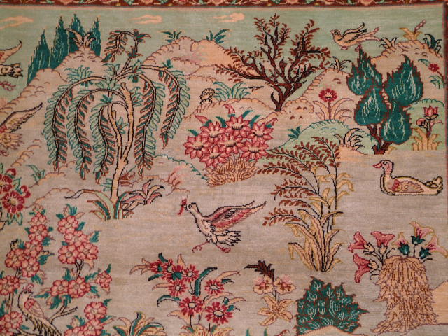 Qom Persian rug; All Persian Rugs are genuine handmade. Also, every Persian Qom rug I offer is made of pure silk only.