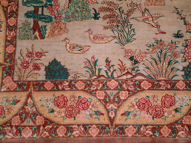 Qom Persian rug; All Persian Rugs are genuine handmade. Also, every Persian Qom rug I offer is made of pure silk only.