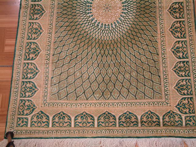 Qom Persian rug; All Persian Rugs are genuine handmade. Also, every Persian Qom rug I offer is made of pure silk only.