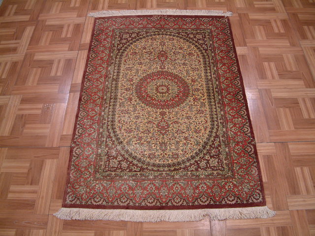 Qom Persian rug; All Persian Rugs are genuine handmade. Also, every Persian Qom rug I offer is made of pure silk only.