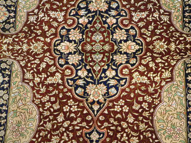 Qom Persian rug; All Persian Rugs are genuine handmade. Also, every Persian Qom rug I offer is made of pure silk only.